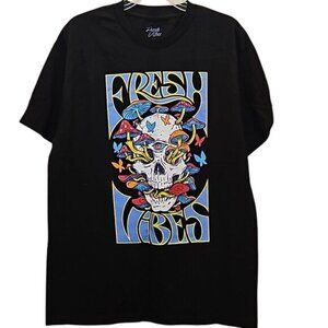 Fresh Vibes Colorful Skull Graphic Tee Size Medium New Mushroom Butterflies